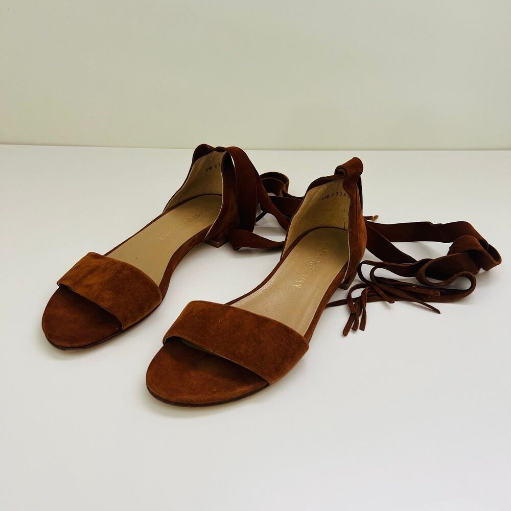 STWEART WEITZMAN Corbata Brown Suede Ankle-Tie Flat Heel Sandals - US 6.5